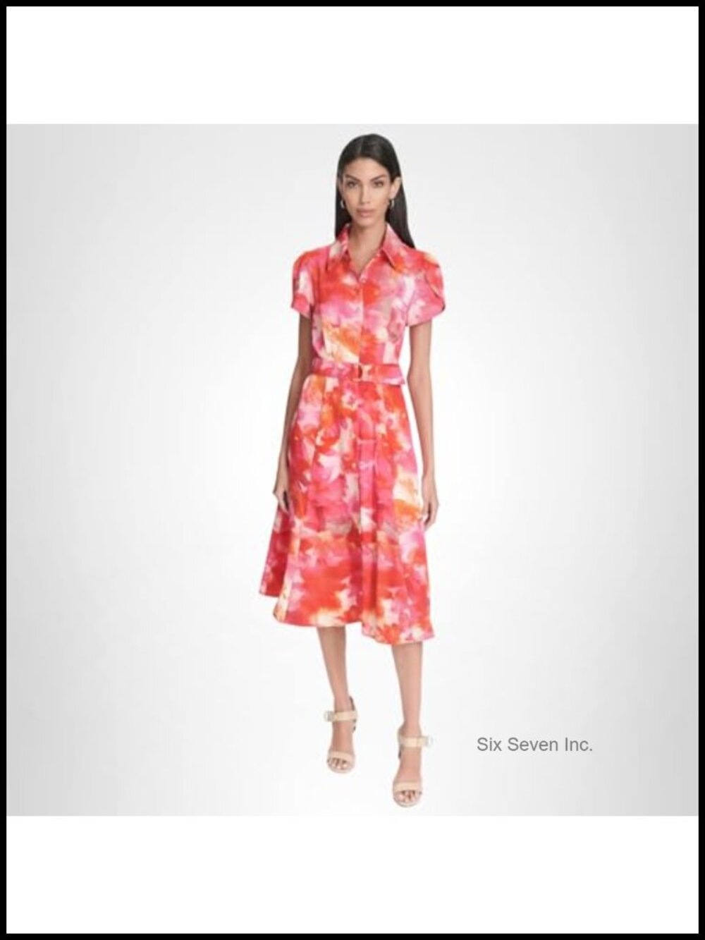 Short Sleeve Floral Belted Midi Shirt Dress 100% Polyester Button Collared